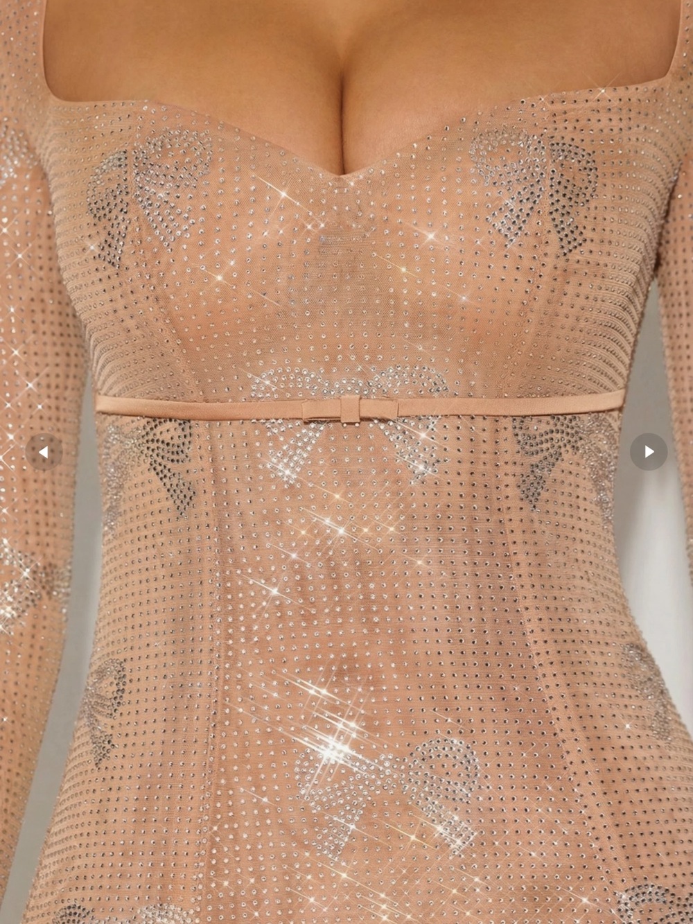 Oh Polly Beige Mesh Long Sleeve Embellished Dress